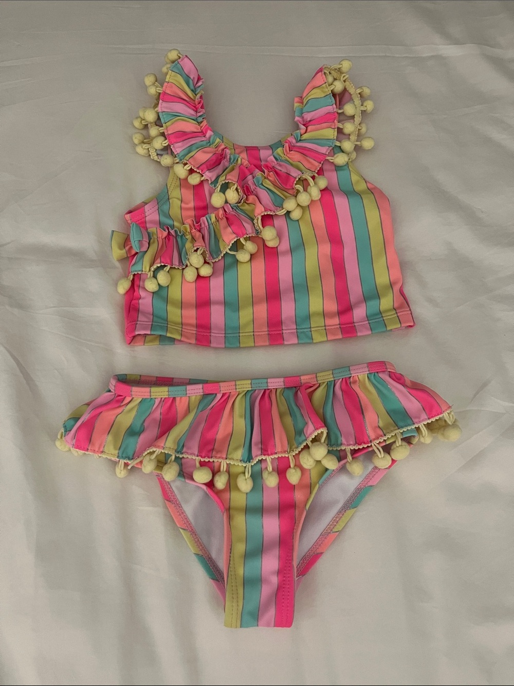 Nicole Miller Girls Multi-Color Stripe Pom Pom Bikini